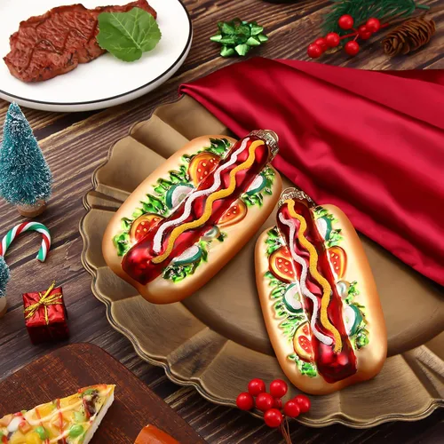 Vista 7 de 2 adornos navideños hechos a mano de vidrio soplado para decoración de chimenea de árbol de Navidad (estilo perro caliente) Handcrafted Glass