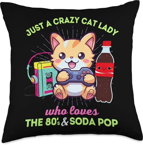 Vista 4 de I Love The 80s Gaming Cats Soda Pop & Kawaii Crazy Cat Lady Who Loves Gaming Soda Pop & The 80s Kawaii Throw Pillow, 16 x 16 pulgadas, multicolor