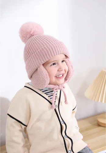 Vista 4 de CHOIEO Gorro de invierno para niños pequeños gorro con solapa para las orejas gorro de punto suave y cálido con forro polar con pompón