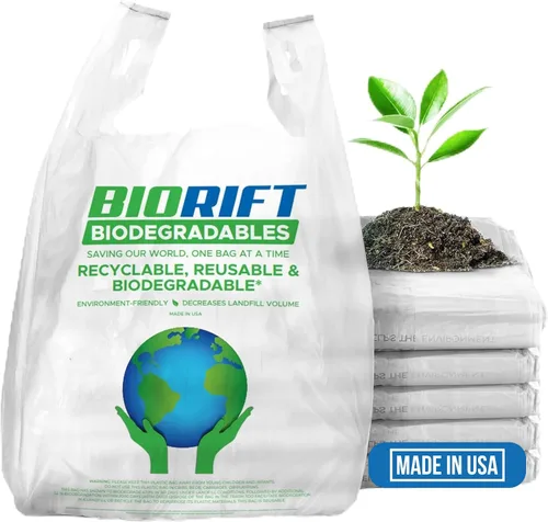 Vista 10 de BioRift Bolsas de comestibles para camisetas – 100% biodegradables y ecológicas – Bolsas de basura pequeñas reutilizables para supermercado – Asas
