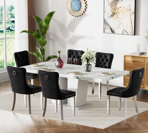 Vista 32 de Juego de mesa de comedor extensible de 63 a 79 pulgadas para 4, moderna mesa de cocina expandible con 4 sillas de terciopelo, mesa de madera gruesa