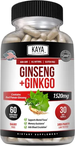 Vista 10 de Kaya Naturals Red Panax Ginseng + Ginkgo Biloba - Suplemento cerebral nootrópico - Apoyo cognitivo y de concentración - Suplemento de refuerzo