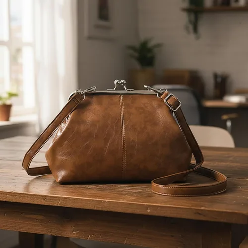 Vista 2 de Kiss Lock - Bolso cruzado vintage para mujer, de piel sintética retro, bolso de mano de noche, bolso grande marrón para otoño e invierno