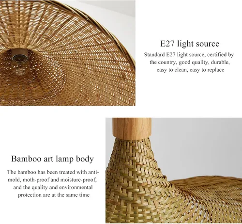 Vista 5 de Lámpara colgante de bambú, lámpara de nido de pájaro artístico, sombrero, luz colgante de techo con cable ajustable para sala de estar, comedor, bar