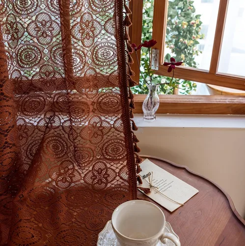 Vista 47 de YJ YANJUN - Cortinas de café boho, 24 pulgadas de largo, 2 paneles, cada una de 59" de ancho x 24" de largo, beige, con crochet, cortinas de cocina