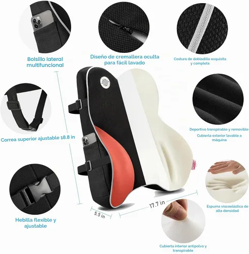 Vista 5 de Almohada de apoyo lumbar para silla de oficina, respaldo de espuma viscoelástica para silla, asiento de automóvil, silla de computadora, sillón