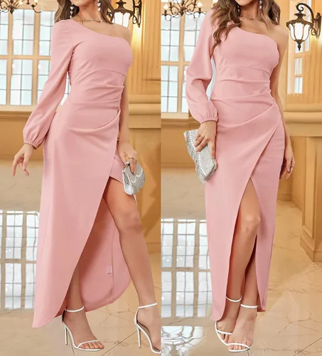 Vista 9 de ZESICA Vestido de cóctel de manga larga con un hombro descubierto para mujer, sexy, con abertura alta, fruncido, entallado, para fiesta de boda