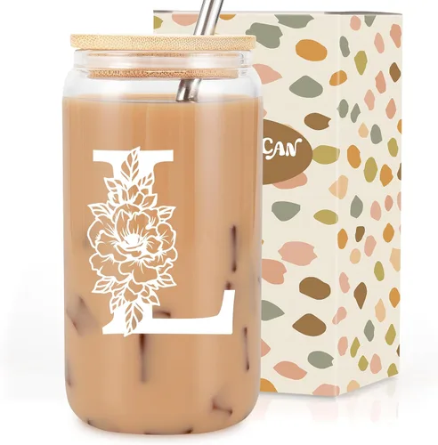 Vista 15 de Taza de Vidrio Inicial Coolife, Regalos Personalizados para Mujeres, Tazas de Vidrio de 16 oz con Tapas y Popotes, Taza para Café Helado, Licuado