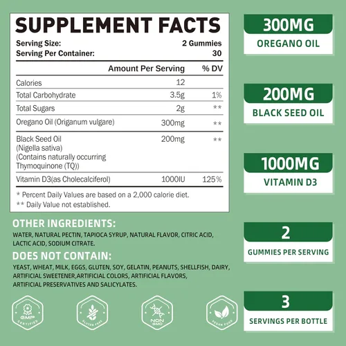 Vista 3 de Gomitas de aceite de orégano + polen de abeja de 1000 mg sin azúcar