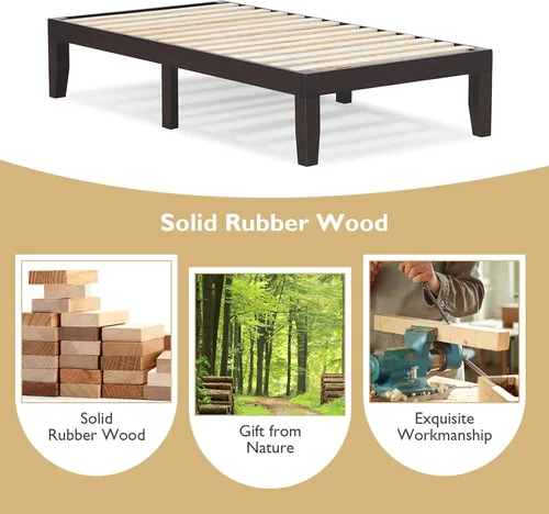 Vista 4 de COSTWAY Base de cama de plataforma de tamaño individual, base de colchón de madera de goma maciza de 14 pulgadas con soporte de listones