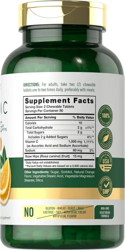 Vista 2 de Carlyle Masticables de vitamina C 1000 mg 180 tabletas Vegetariano, sin OMG, suplemento sin gluten
