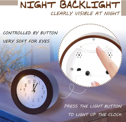 Vista 4 de Reloj despertador analógico de madera, silencioso y sin tictac, funciona con pilas, reloj de mesa con luz nocturna para dormitorio, habitación