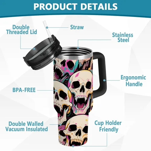 Vista 4 de Botella de agua de boca ancha al vacío con diseño de calavera de animales de dibujos animados coloridos para niños con tapa y pajita, taza