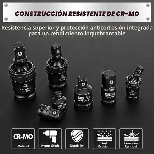 Vista 5 de Juego de adaptadores giratorios de impacto de 7 piezas, 1/4" 3/8" 1/2" Drive Universal Joint Socket Set CR-MO Steel, reductor de enchufes de junta