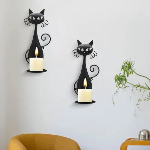 Vista 6 de Candelabro de pared de gato de metal negro para velas de pilar velas LED sin llama (2 gatos)