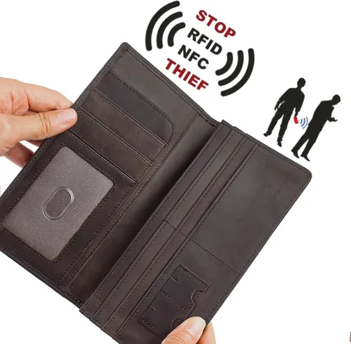 Vista 3 de DK86 Cartera larga de calavera para hombre, de cuero de grano completo, con bloqueo Rfid, cartera plegable para roeo, billetera plegable, color café