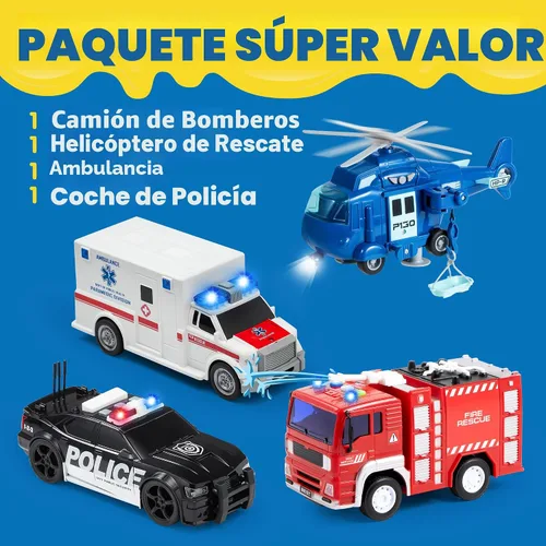 Vista 3 de JOYIN 4 paquetes de juguetes de vehículos de emergencia, vehículos accionados por fricción con luz y sonido, incluyendo camión de bomberos