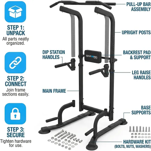Vista 9 de BARWING Estación de barra para dominadas, torre de potencia, estación de fondos con respaldo 3D, soporte rack de entrenamiento de fuerza
