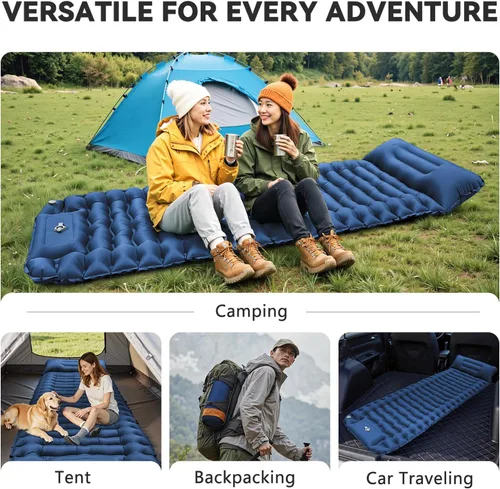 Vista 7 de Colchoneta para dormir, ultraligera e inflable para acampar con almohada con bomba de pie integrada, extra gruesa y compacta para acampar