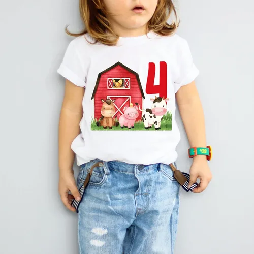 Vista 3 de Barnyard - Camisa de cuarto cumpleaños de animales de granja, camisa de cumpleaños de 4 años, camisa de cumpleaños de granja para fiesta