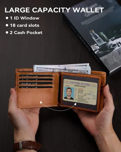 Vista 5 de Cartera de cuero auténtico, RFID, 16 ranuras para tarjetas, plegable, ventana para identificación, para hombre