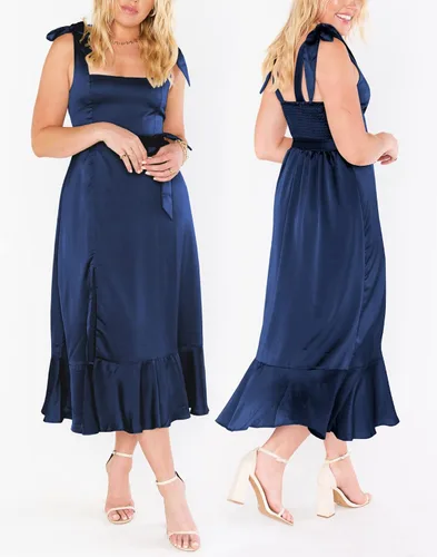 Vista 3 de MIRGLER Vestido de satén con cuello cuadrado para mujer, con lazo en la espalda, cintura alta, volantes, acampanado, abertura lateral, vestidos midi