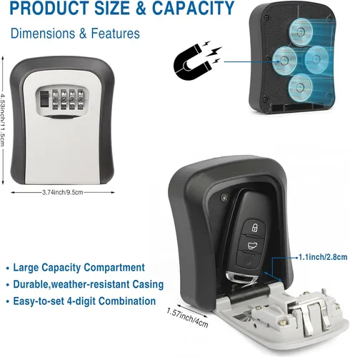 Vista 3 de Caja magnética para llaves debajo del automóvil, caja de bloqueo de combinación impermeable con imanes fuertes, soporte de código de 4 dígitos
