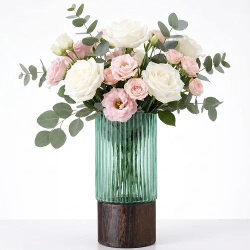 Vista 24 de Jarrón de vidrio ámbar, florero de cristal, jarrón de vidrio acanalado, moderno jarrón para flores, jarrón alto de vidrio para sala de estar, mesa