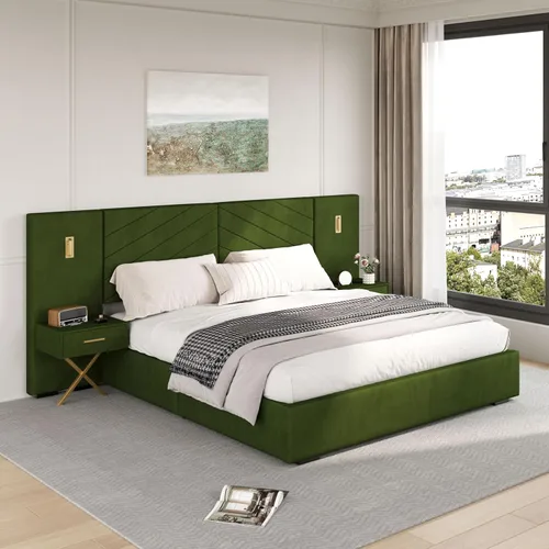 Vista 9 de DEINPPA Base de cama Queen de lujo con luces LED doradas integradas y mesitas de noche, cama de plataforma tamaño Queen con cabecera tapizada