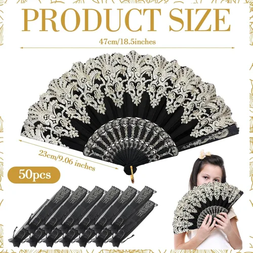 Vista 2 de Geelin - 50 piezas de abanicos de encaje plegables de mano para mujeres con bolsa de organza, abanicos europeos retro de encaje plegados para novia