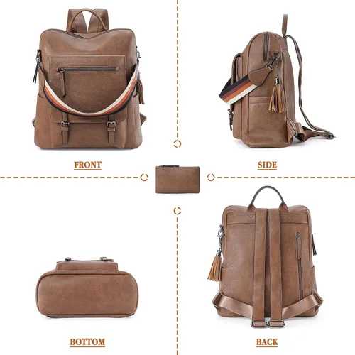 Vista 6 de Mochila para mujer, mochila de cuero de gran capacidad, bolso de viaje de diseñador para mujer, bolso de hombro con muñequeras