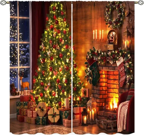 Vista 18 de Cortinas de Navidad lindas de invierno, vacaciones, regalos de Navidad, copos de nieve, elfo, sala de estar, cortinas de ventana de 42 x 45