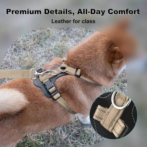 Vista 2 de Plutus Pet Arnés ajustable sin tirones para perro con detalles de cuero, chaleco de nailon reflectante resistente para entrenamiento, senderismo