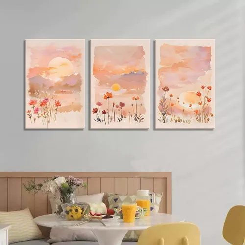 Vista 5 de Eysintum 3 paneles de arte de pared de atardecer rubor, impresiones en lienzo floral en acuarela, arte de paisaje de flores silvestres, decoración