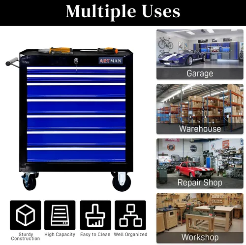 Vista 6 de Caja de herramientas rodante WTRAVEL con 7 cajones, caja de herramientas con ruedas, carro de herramientas multifuncional, gabinete