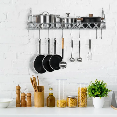 Vista 6 de MyGift Estante para ollas y sartenes de cocina de metal plateado montado en la pared con 12 ganchos en S extraíbles, almacenamiento de utensilios