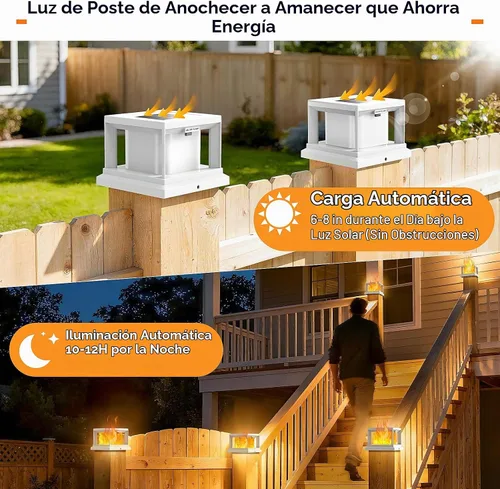 Vista 3 de Luces solares para punta de poste con llama parpadeante al aire libre, luz solar impermeable alimentada por energía solar para poste de cubierta