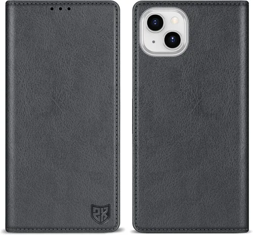 Vista 10 de ZZXX Funda tipo cartera para iPhone 14 con bloqueo RFID, soporte de ranura para tarjetas, funda protectora de cuero magnético fuerte plegable