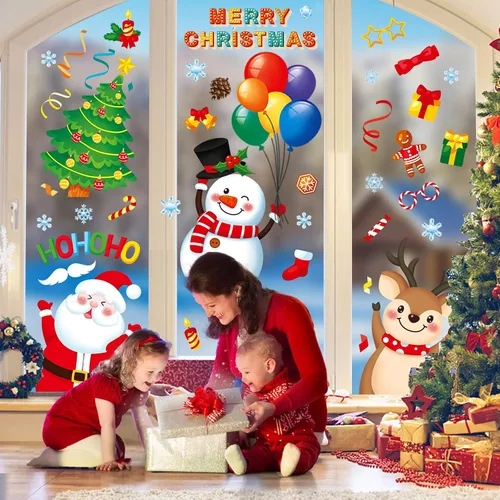 Vista 7 de Adhesivos de ventana de Navidad, 9 hojas de calcomanías de ventana de Navidad, Papá Noel, muñeco de nieve, reno, copo de nieve de Navidad