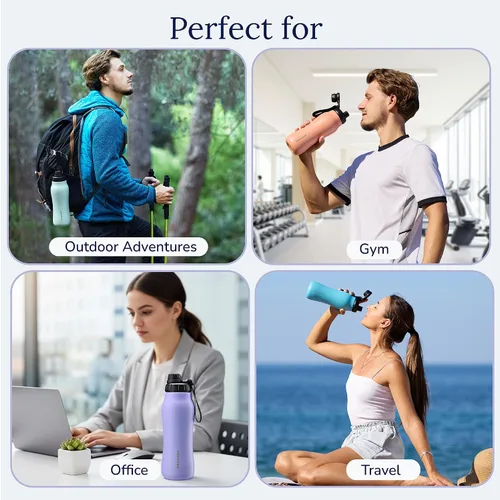Vista 4 de Insula - Botella de agua de acero inoxidable con boquilla y tapa con popote, sin BPA y a prueba de fugas, botella de agua aislada al vacío de doble