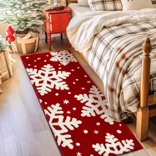 Vista 3 de Alfombra de baño roja para decoración de baño, alfombra de baño roja, antideslizante, nieve blanca, decoración del hogar, alfombra de ducha