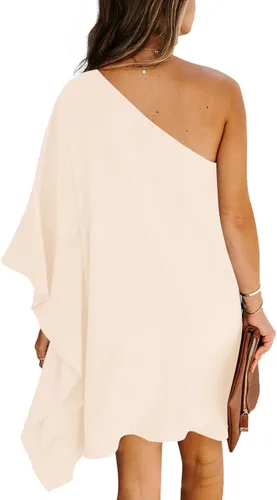 Vista 2 de LYANER Mini vestido de playa con un hombro para mujer, manga murciélago, dobladillo asimétrico