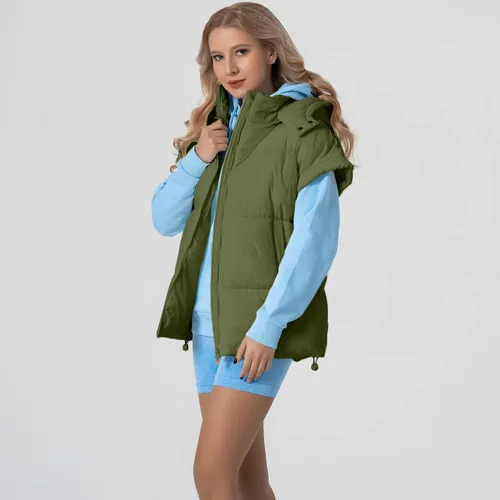 Vista 18 de Shiyifa Chaleco acolchado para mujer, chaqueta de gran tamaño, sin mangas, ligera, con cremallera, con capucha desmontable