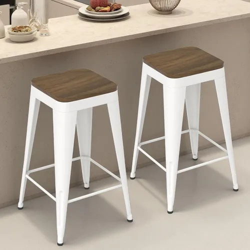 Vista 22 de Juego de 4 taburetes de bar de metal, taburetes de bar con respaldo alto con asiento de madera, taburetes de bar negros de 24 pulgadas para isla