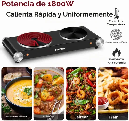 Vista 2 de Cusimax - Placa de cocción eléctrica de 1800 W, estufa eléctrica portátil para cocinar, hornalla doble, con control de temperatura ajustable