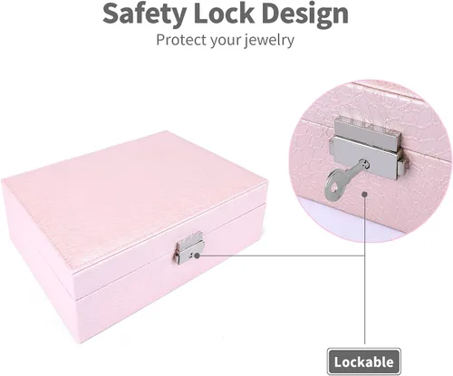 Vista 5 de Cajas de joyería para mujer caja organizadora grande de piel sintética caja de almacenamiento de joyas de 2 capas con cerradura caja de joyería rosa