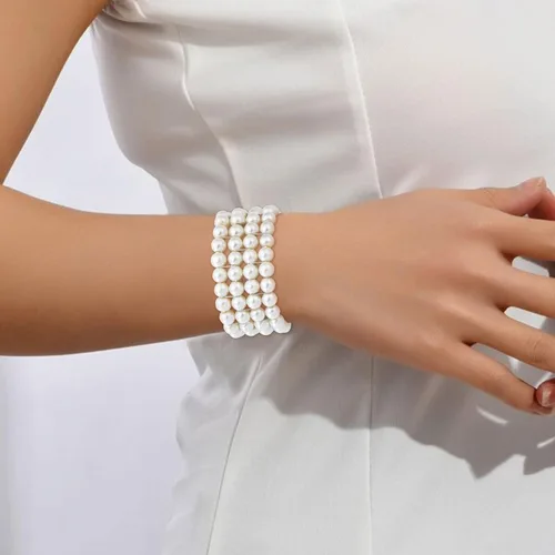 Vista 3 de Long tiantian Juego de pulseras de perlas para mujer, pulsera de diamantes de imitación de cristal multicapa, brazaletes con cuentas elásticas