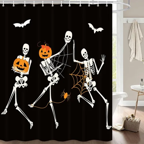 Vista 2 de Divertida cortina de ducha de esqueleto de calavera de Halloween, calabaza, murciélago, araña, decoración de baño, juego de cortinas de tela negra