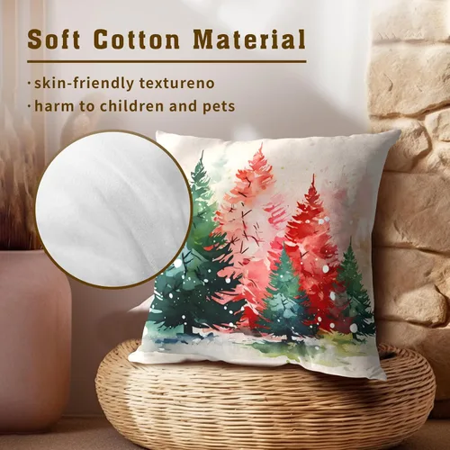 Vista 4 de Fundas de almohada de árbol de Navidad de acuarela, juego de 2 - 18x18 pulgadas, rojo verde, árboles de pino de Navidad, fundas de almohada