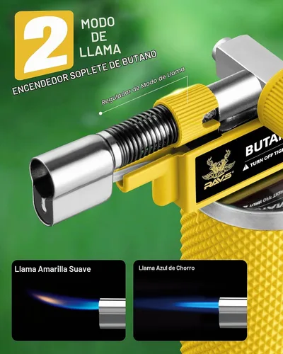 Vista 3 de RAVS Encendedor de butano con 2 modos de llama, soplete de cocina recargable con llama ajustable y hebilla de seguridad, antorcha de joyería Amarillo